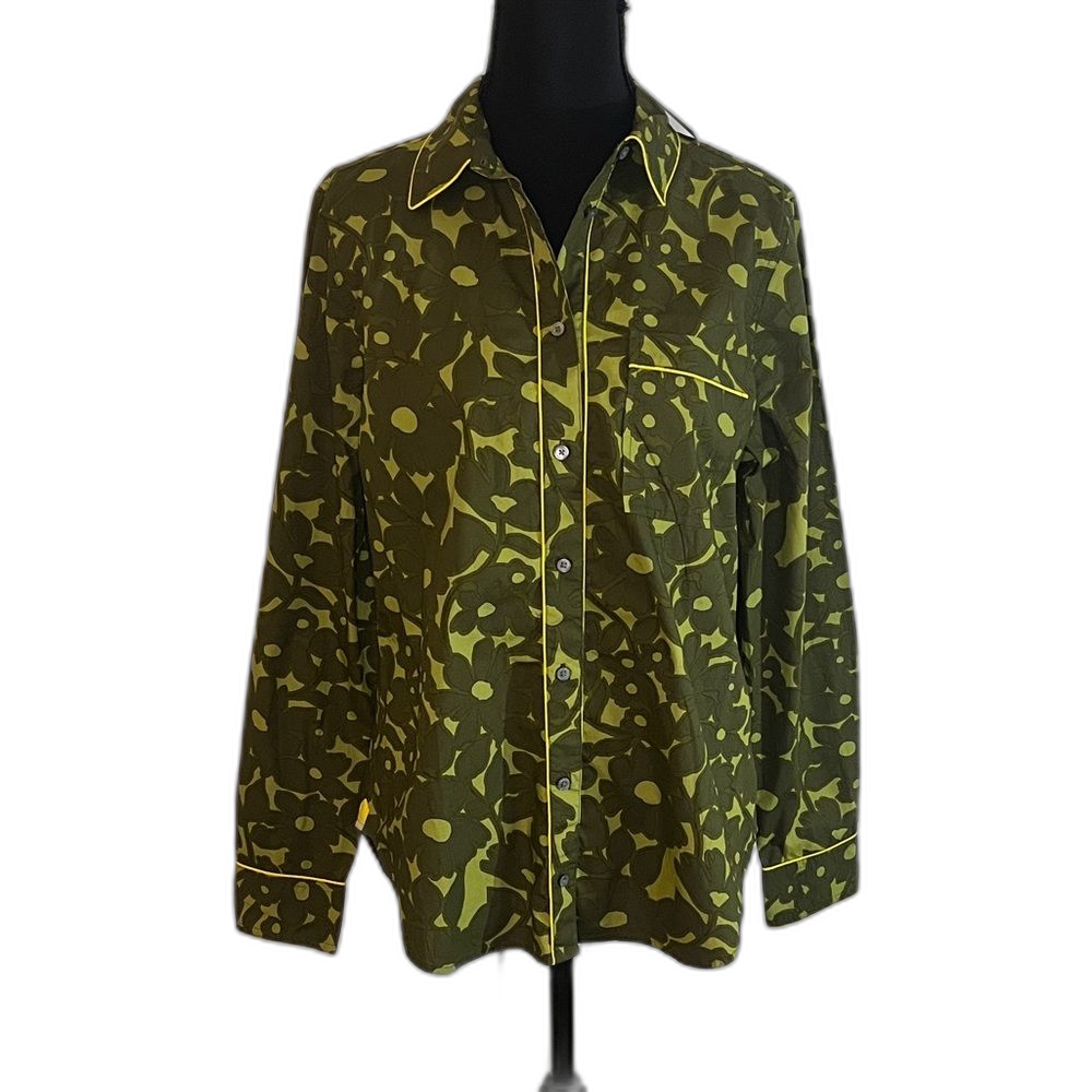 J Crew Reimagined Camo Flower Olive Green Women’s Button Down Yellow Small Nw